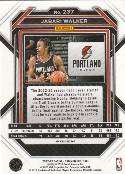 2022-23 Panini Prizm Jabari Walker Green RC #237 | Portland Trail Blazers 009172
