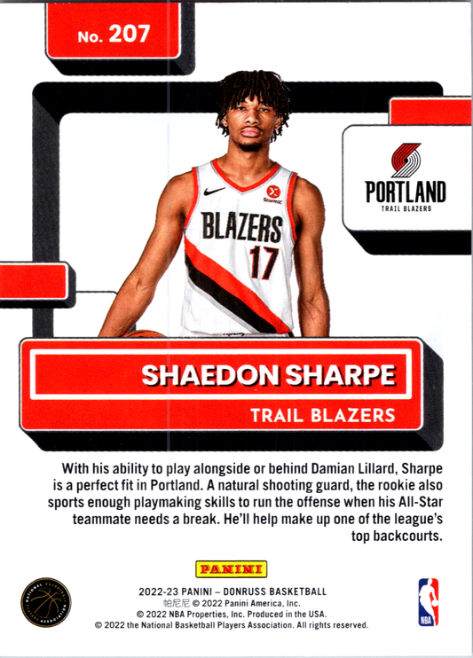 2022-23 Donruss Rated Rookie Shaedon Sharpe #207 | Portland Trail Blazers 009151