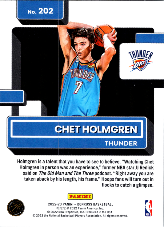 2022-23 Panini Donruss Rated Rookie Chet Holmgren #202 | Thunder 009150